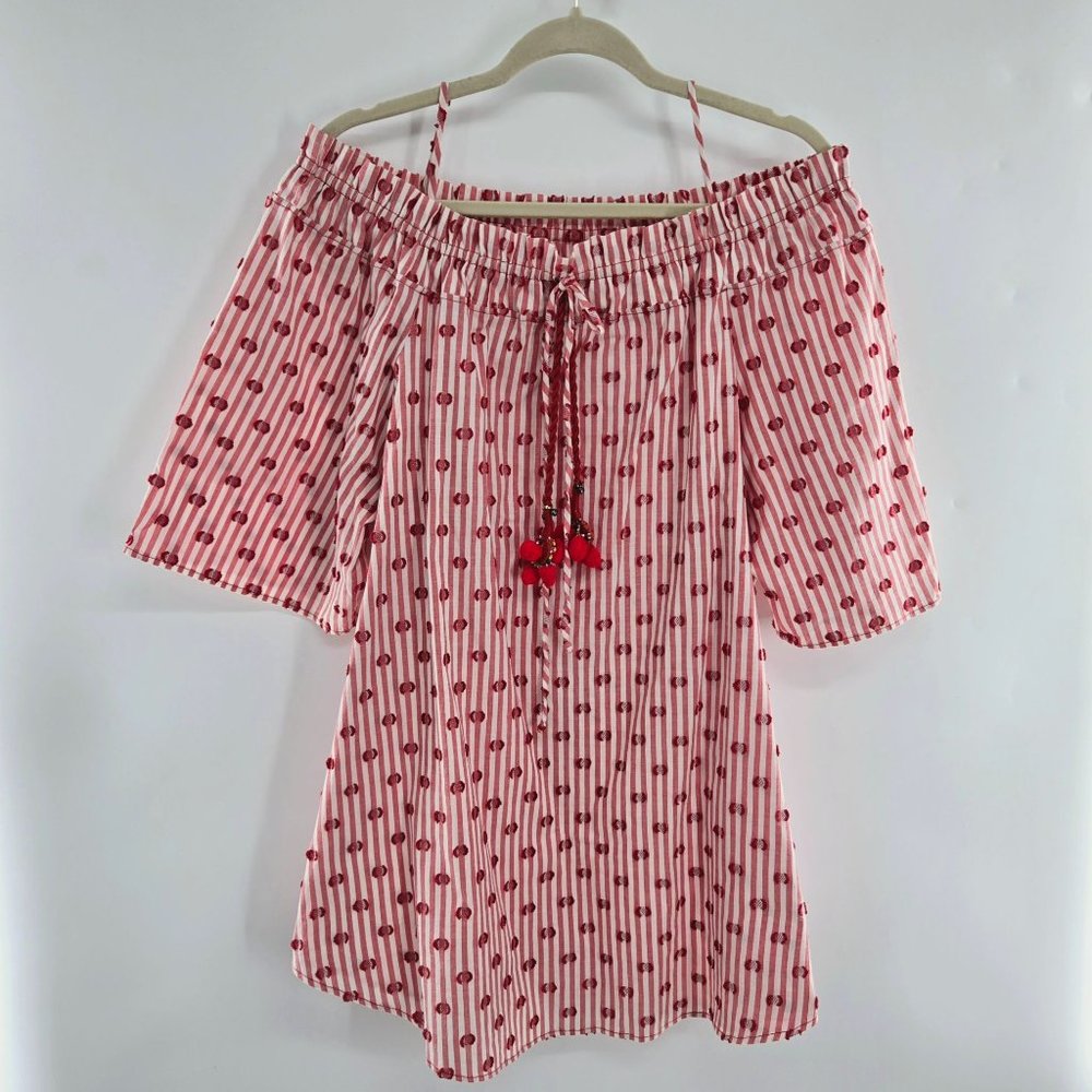 Souvenir Striped Mini Dress Cover Up Red & White Swiss Dots Women's Size Medium